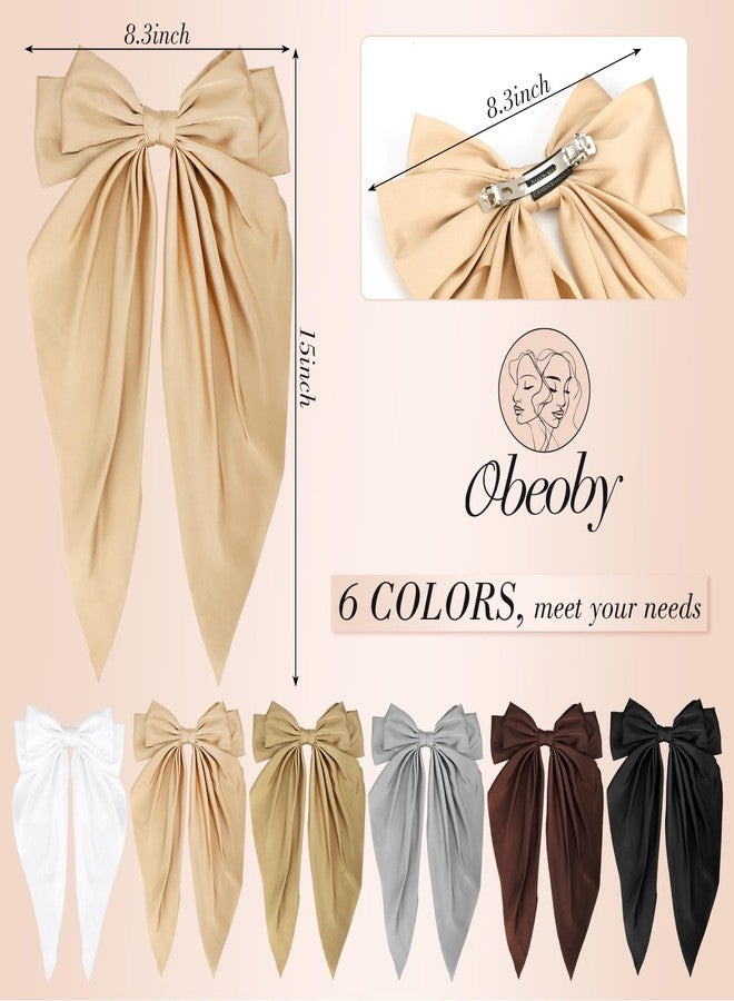 Obeoby 6 Pcs Satin Big Hair Bows, Hair Accessories for Women and Girls Cute Large Bow Clips for Wedding Holiday Birthday Valentines Day Gifts for Her (White, black, brown, gold) - Image 2